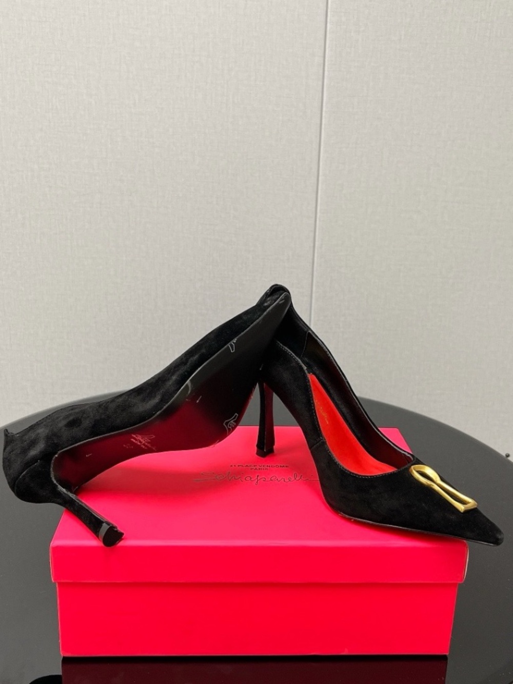 Schiaparelli Black Suede Keyhole Pumps - Picture 6 of 13
